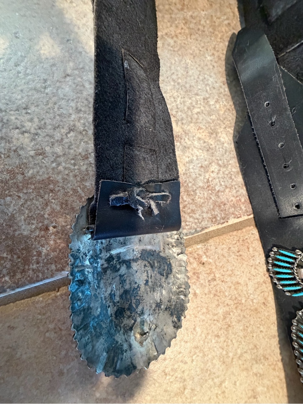 Women’s dark Brown Leather Belt with silver/Turquoise Concho Accents - Picture 4 of 11